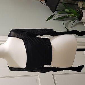 SHEIN Womens Y2K Black Sheer Long Rouched Sleeves Crop Top Whimsigoth, Sz M